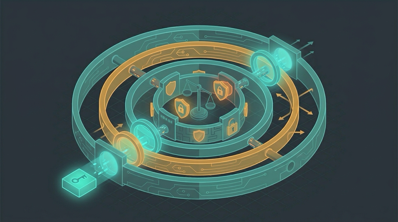 A verified token passing through multiple inspection gates, defense in depth