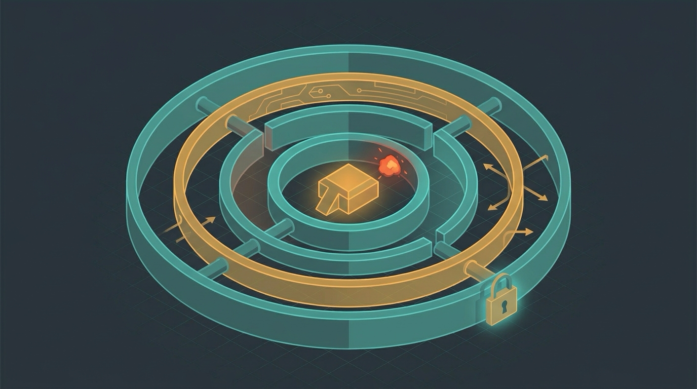 A runner contained inside concentric defensive rings with four shields