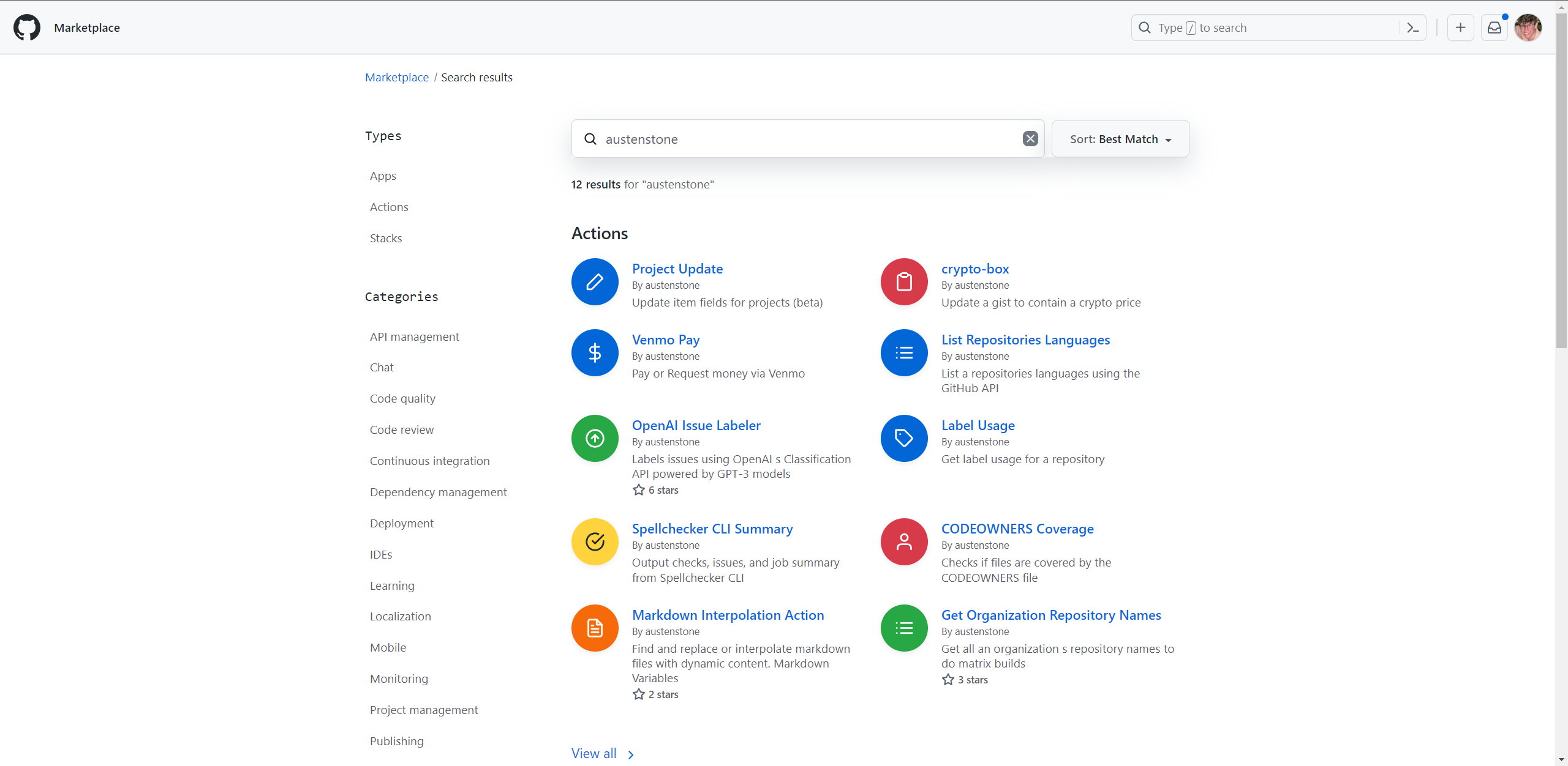 GitHub Marketplace showing Actions published by Austen Stone